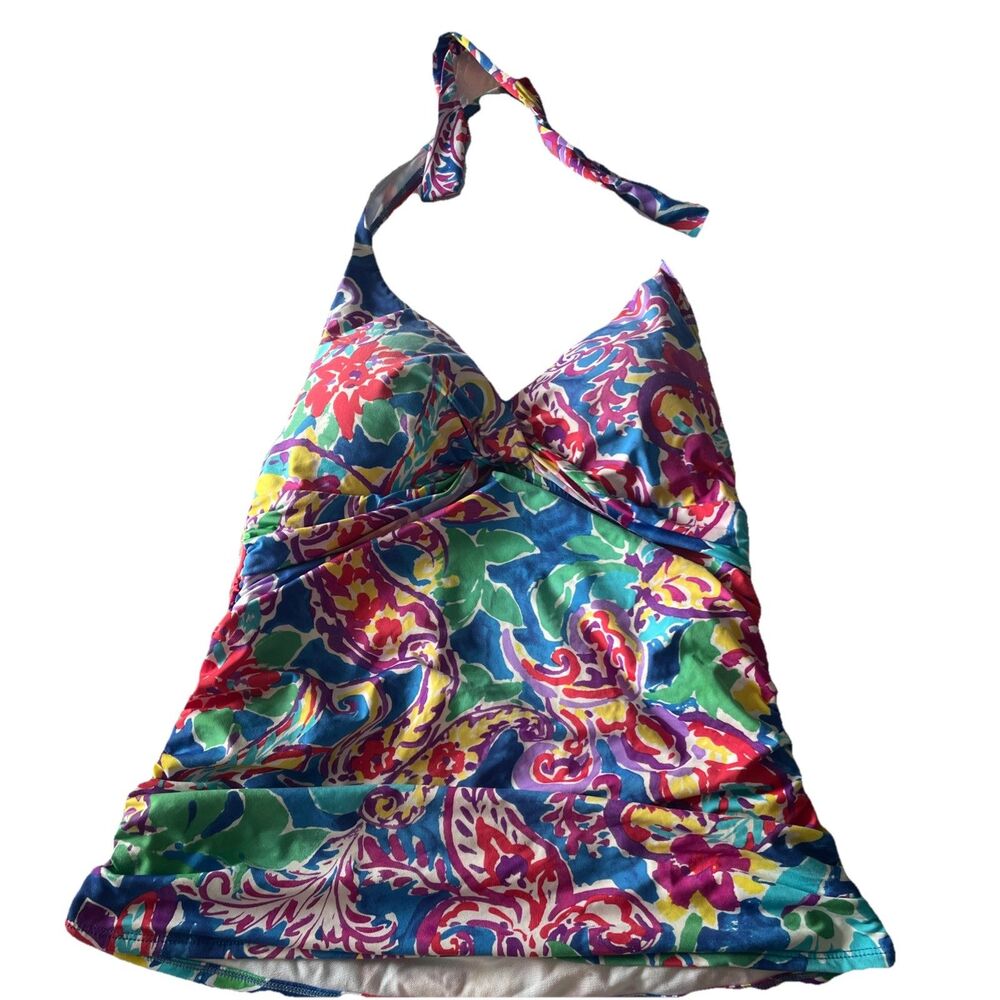Lauren Ralph Lauren Womens 10 Pink White Colorful Ruched Halter Swim Tankini Top